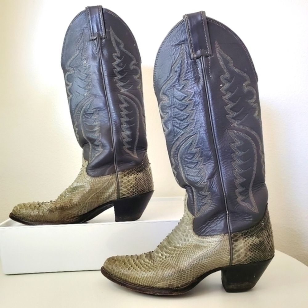 Justin Vintage 70s Gray Leather Exotic Python Western Cowgirl Boot Made In USA